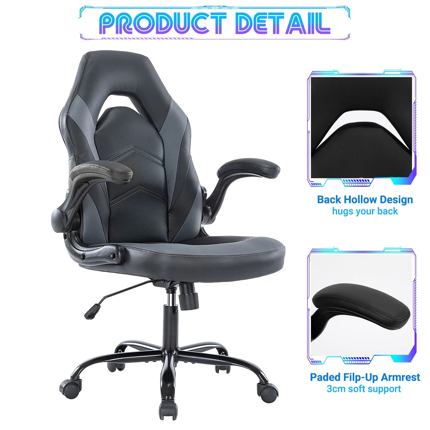 JHK Ergonomic Office Chair Adjustable PU Leather Racing Desk Chair Flip Up Armrests