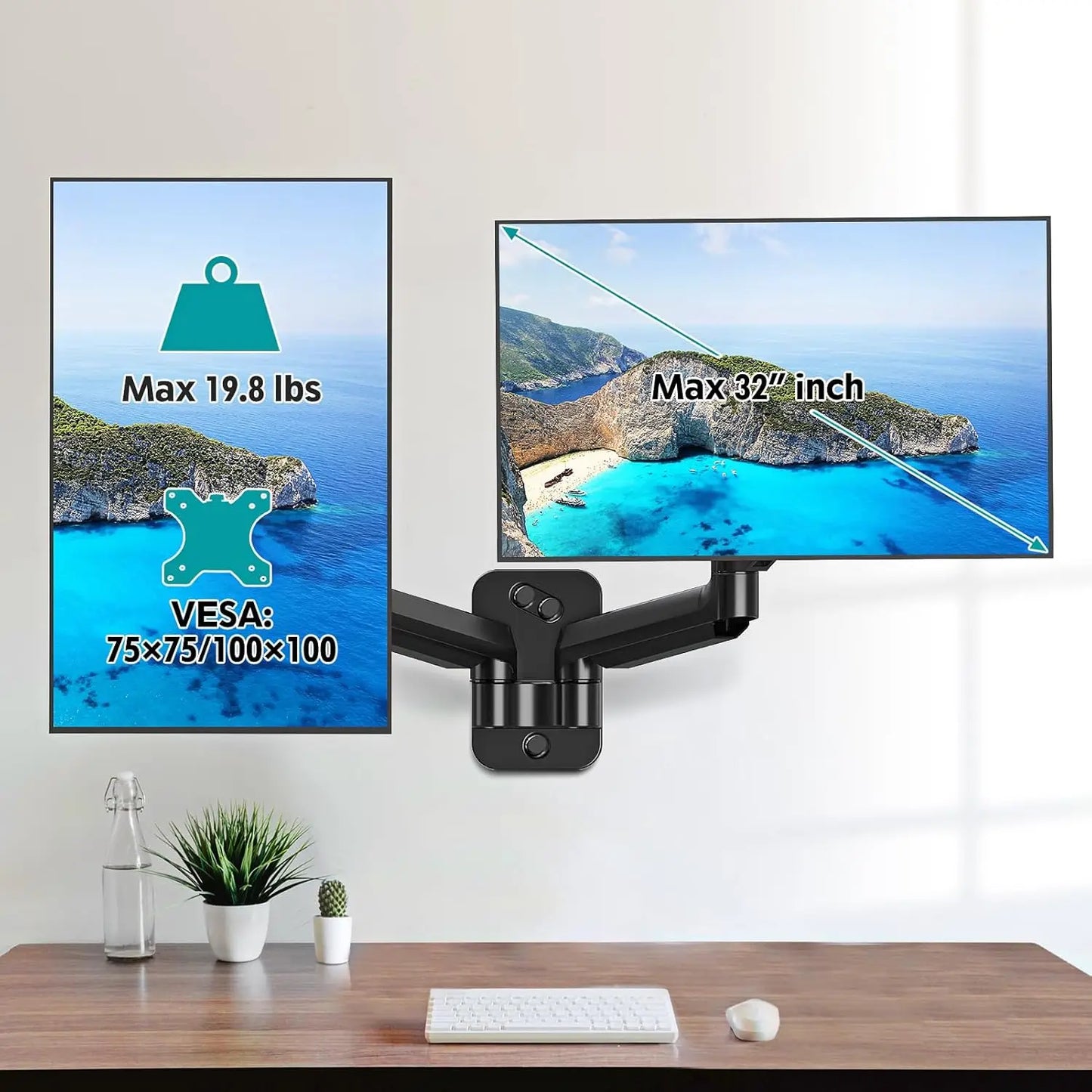 Dual Monitor Wall Mount for 13-32 Inch Screens, Full Motion Gas Spring Arm with VESA Compatibility, Holds 19.8lbs Each