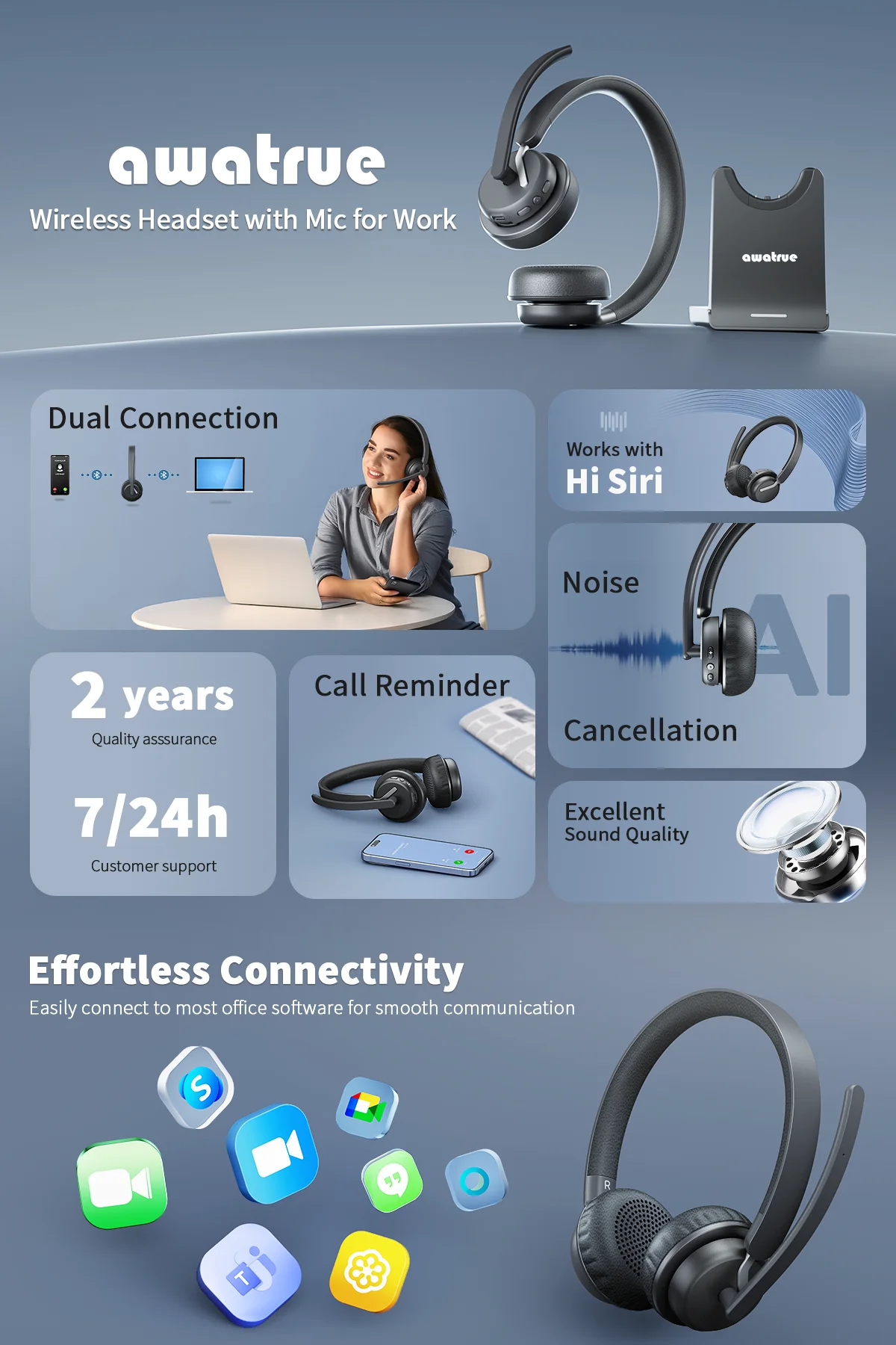AWATRUE EH11 Wireless Bluetooth Headset with AI Noise Cancelling Mic & Charging Base 2.4GHz Wireless Headphone with USB Dongle