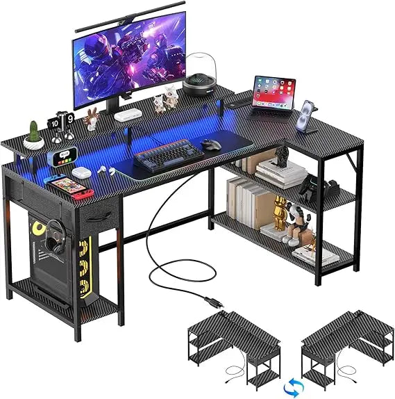 YQXH L Shaped Gaming Desk With Power Outlet And LED