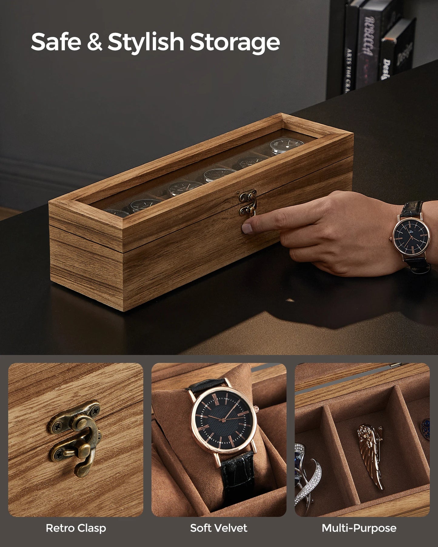 SONGMICS Watch Box, 6-Slot Watch Case, Solid Wood Watch Box Organizer with Glass Lid, Watch Display Case with Removable Pillows