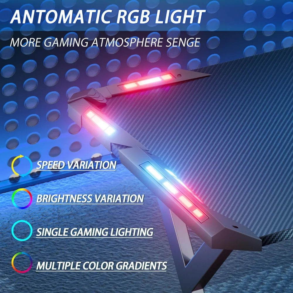 47 Inch Gaming Desk with LED Lights, Ergonomic Computer Table with Carbon Fibre Surface, Sturdy PC Workstation Desk for Home Of