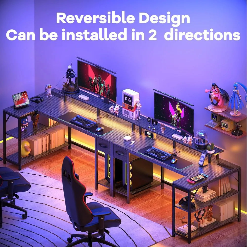 YQXH L Shaped Gaming Desk With Power Outlet And LED