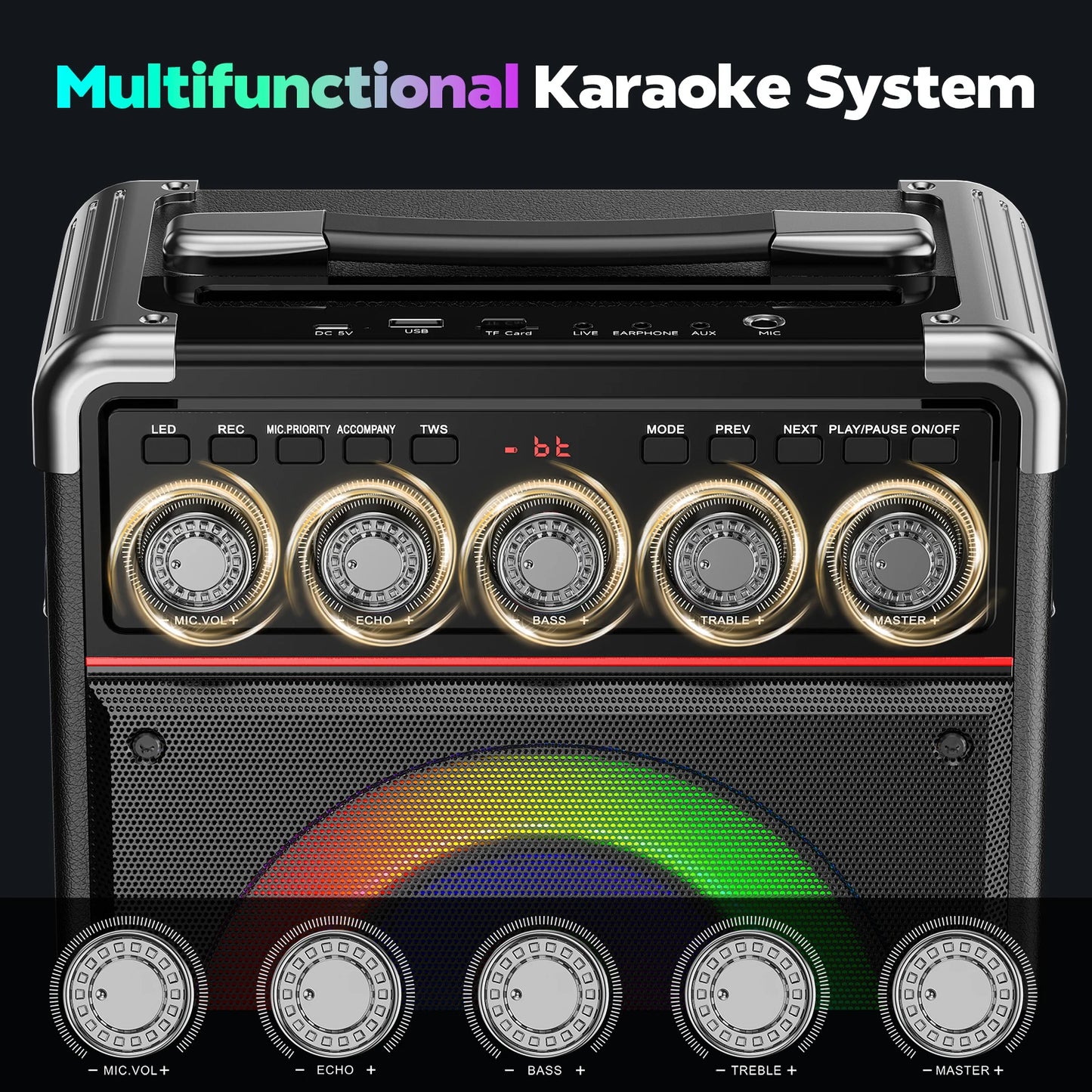 FanFun Karaoke Machine With 2 Wireless Microphones And RGB