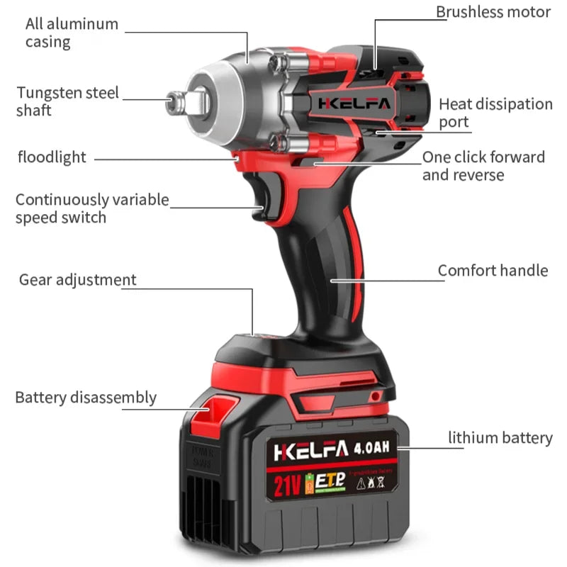 HKELFA MT520 21V Brushless Cordless Impact Wrench 588Nm