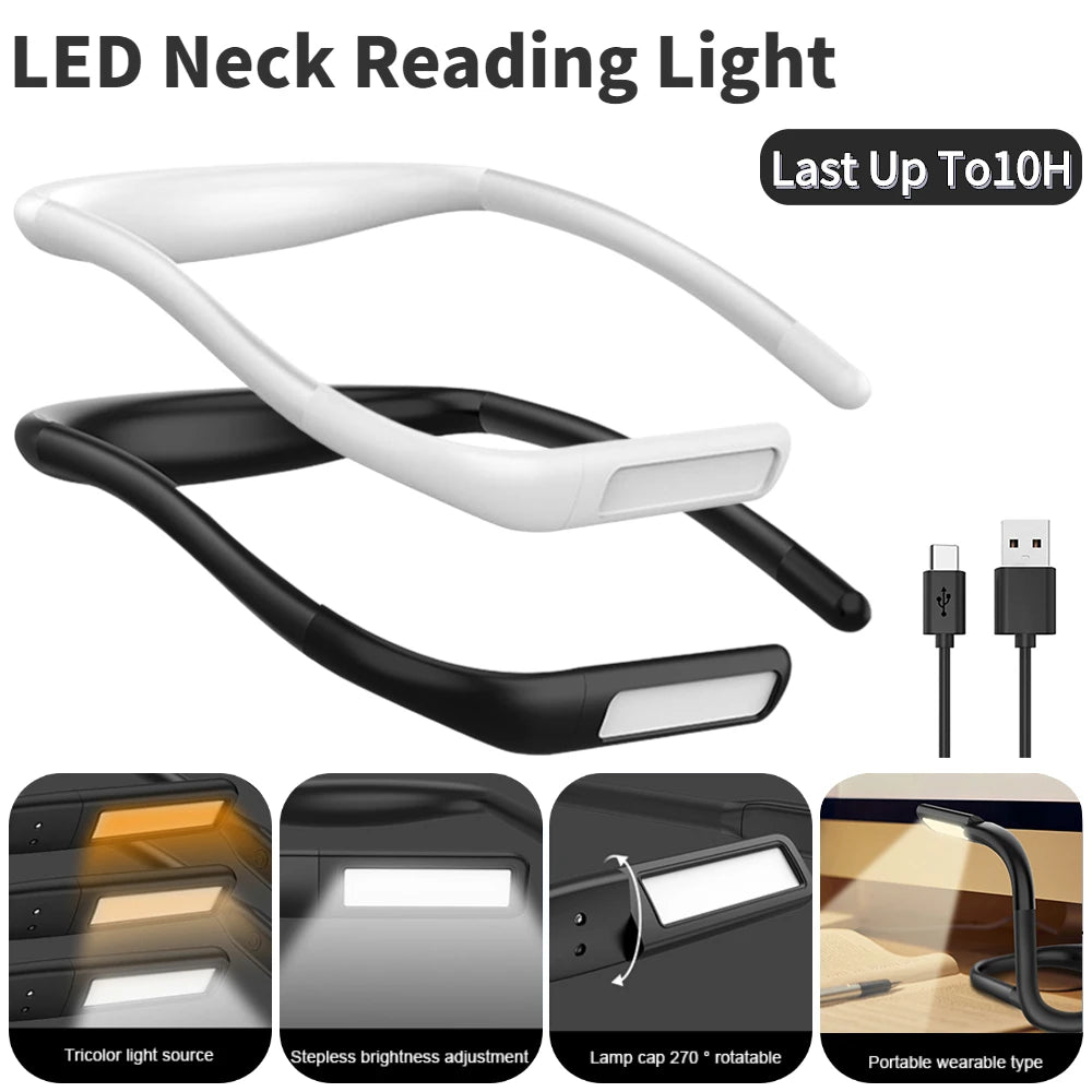 Neck Reading Light Flexible LED Book Light Handsfree Hanging Read Lamp Portable Stepless Dimming USB Rechargeable Neck Lights
