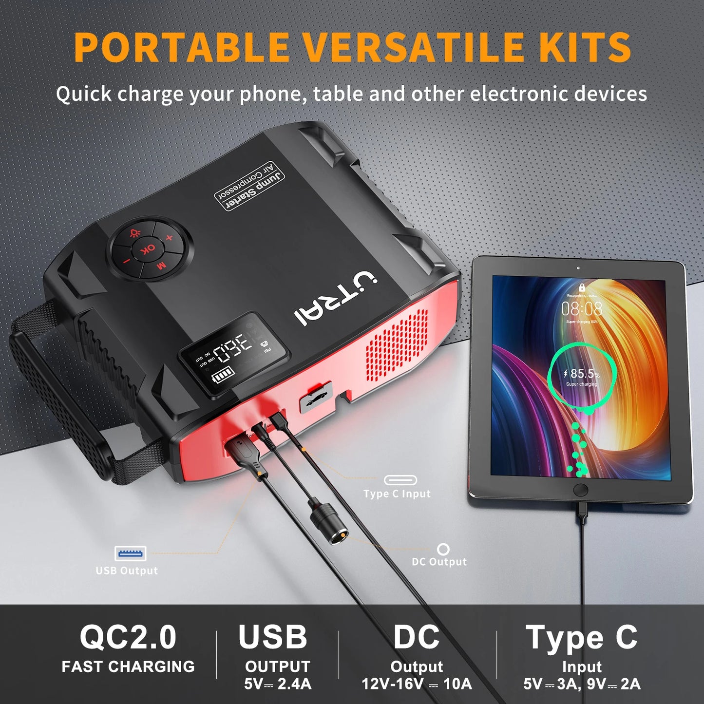 UTRAI 4 In 1 Jump Starter 16000mAh PowerBank Air Compressor