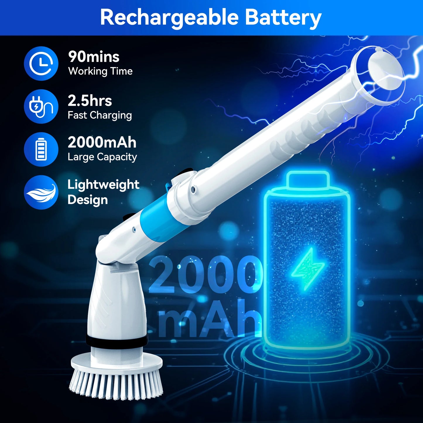 Electric Spin Scrubber Handheld Cordless Cleaning Brush with 5 Replaceable Brushes Extended Handle  450RPM for Bathroom Kitchen