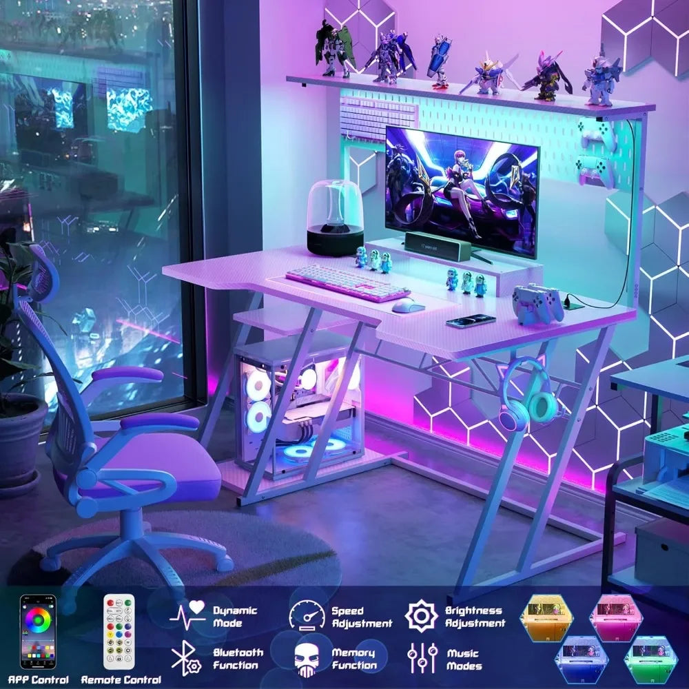 Gaming Computer Desk with Power Outlets, Gaming Desk with Hutch and LED Lights, Reversible PC Gaming Desk with Pegboard, Carbon