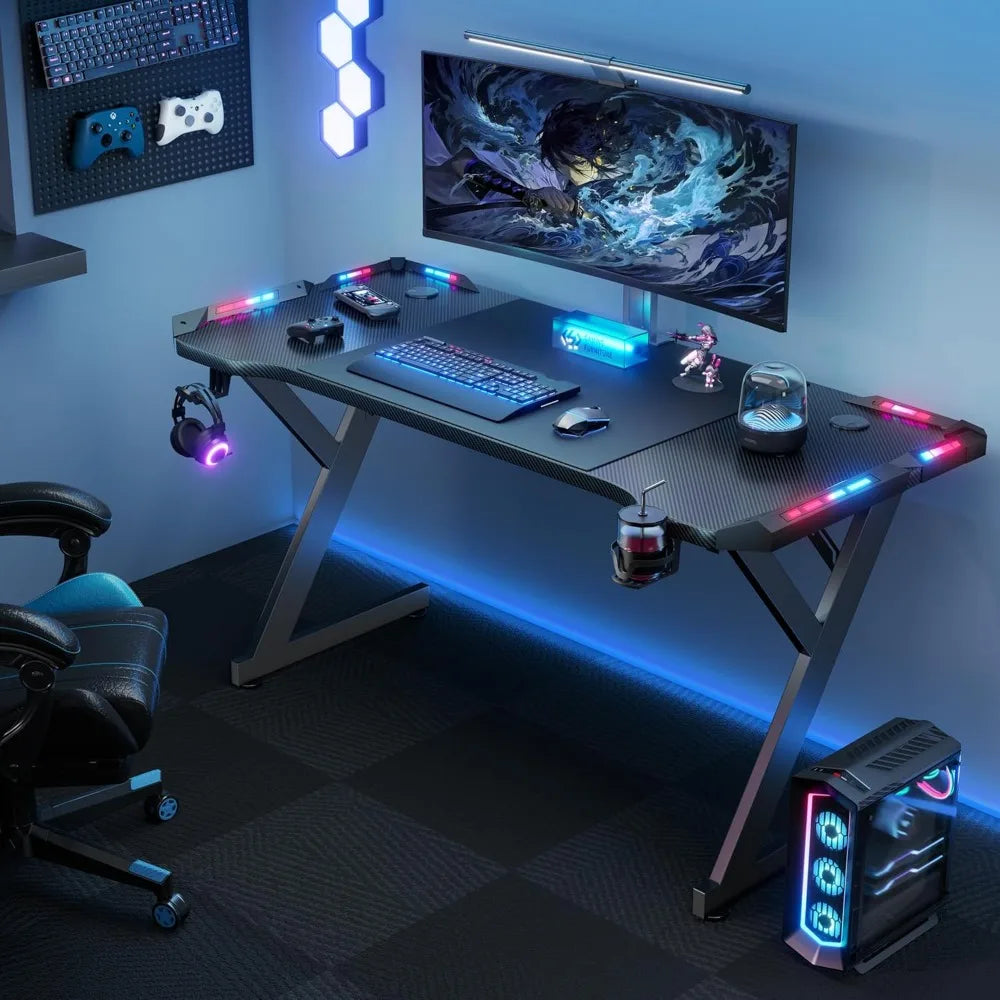 47 Inch Gaming Desk with LED Lights, Ergonomic Computer Table with Carbon Fibre Surface, Sturdy PC Workstation Desk for Home Of