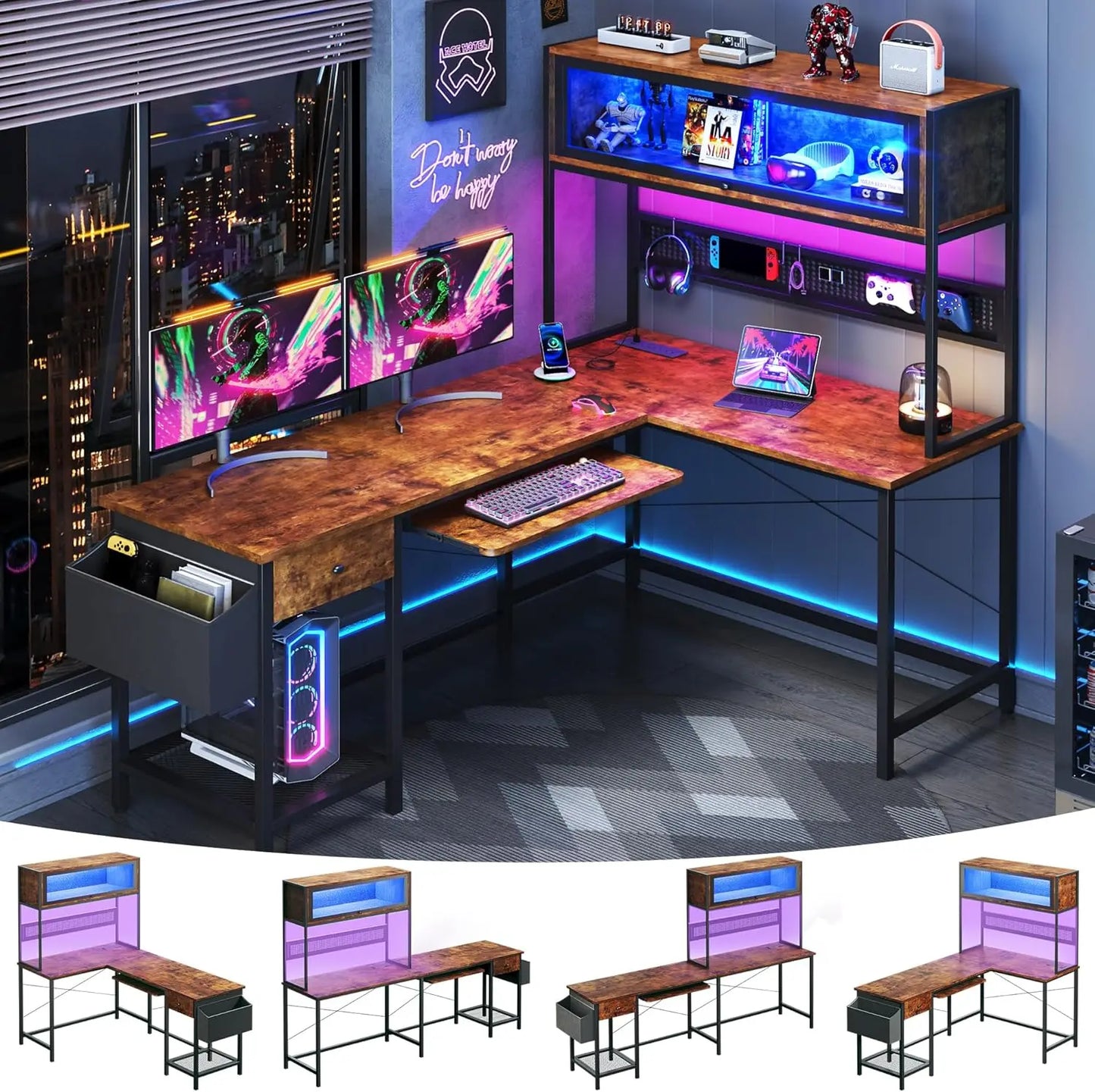 L Shaped Gaming Desk With Power Outlets And LED Lights