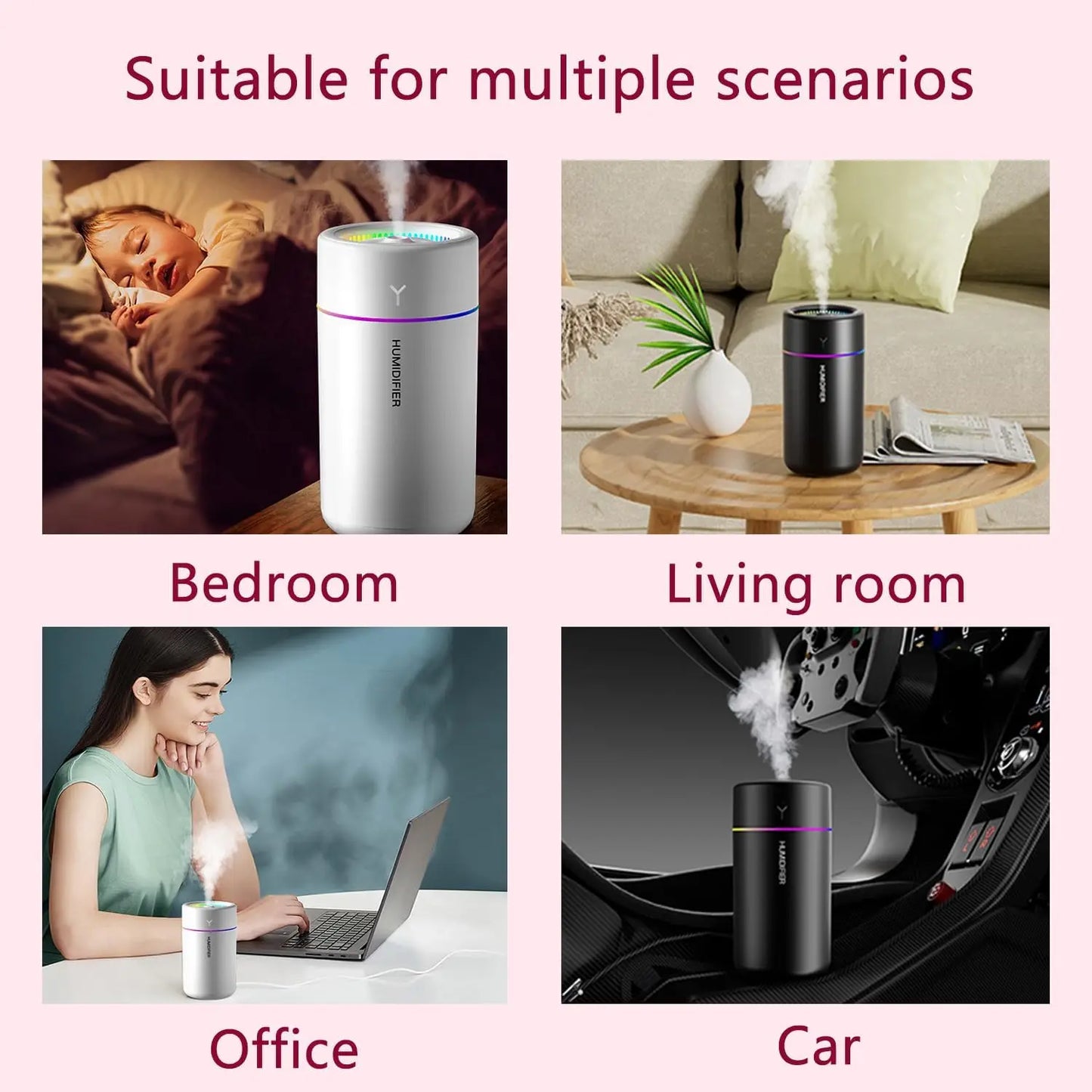Portable Mini Humidifier, Colorful, Cool Mist, USB Powered. Perfect for Bedroom, Office & Car (Black)