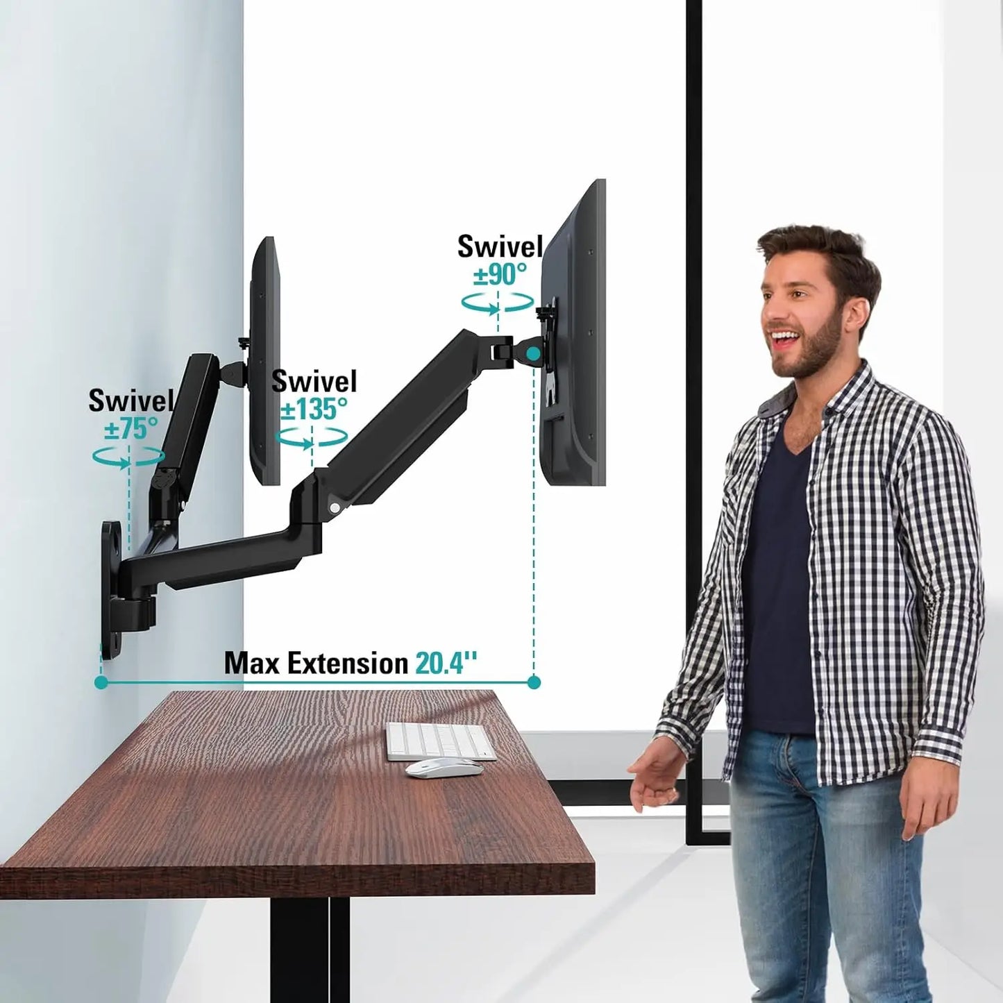 Dual Monitor Wall Mount for 13-32 Inch Screens, Full Motion Gas Spring Arm with VESA Compatibility, Holds 19.8lbs Each