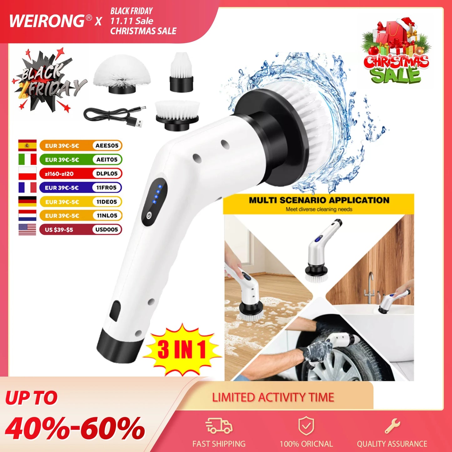 DayPlus Three-in-One Electric Cleaning Brush Cordless Scrubber For All-SurfacesPro
