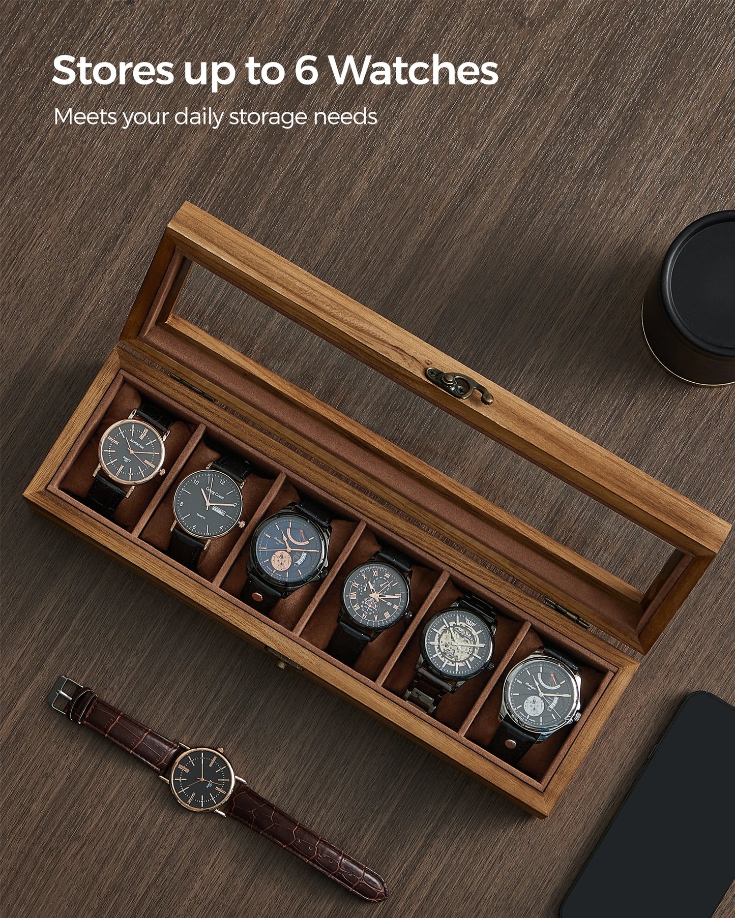 SONGMICS Watch Box, 6-Slot Watch Case, Solid Wood Watch Box Organizer with Glass Lid, Watch Display Case with Removable Pillows