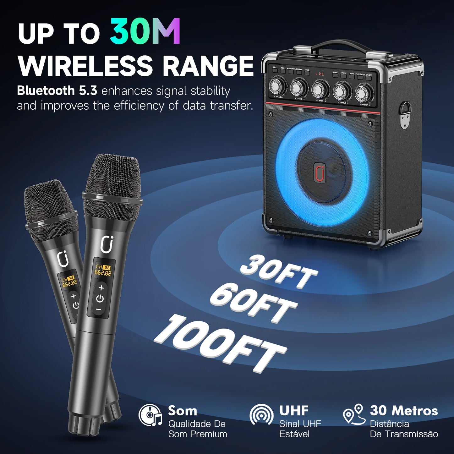 FanFun Karaoke Machine With 2 Wireless Microphones And RGB