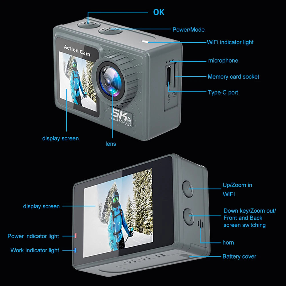 HOSPORT 4K Action Camera 60FPS 170 Degree Waterproof Remote