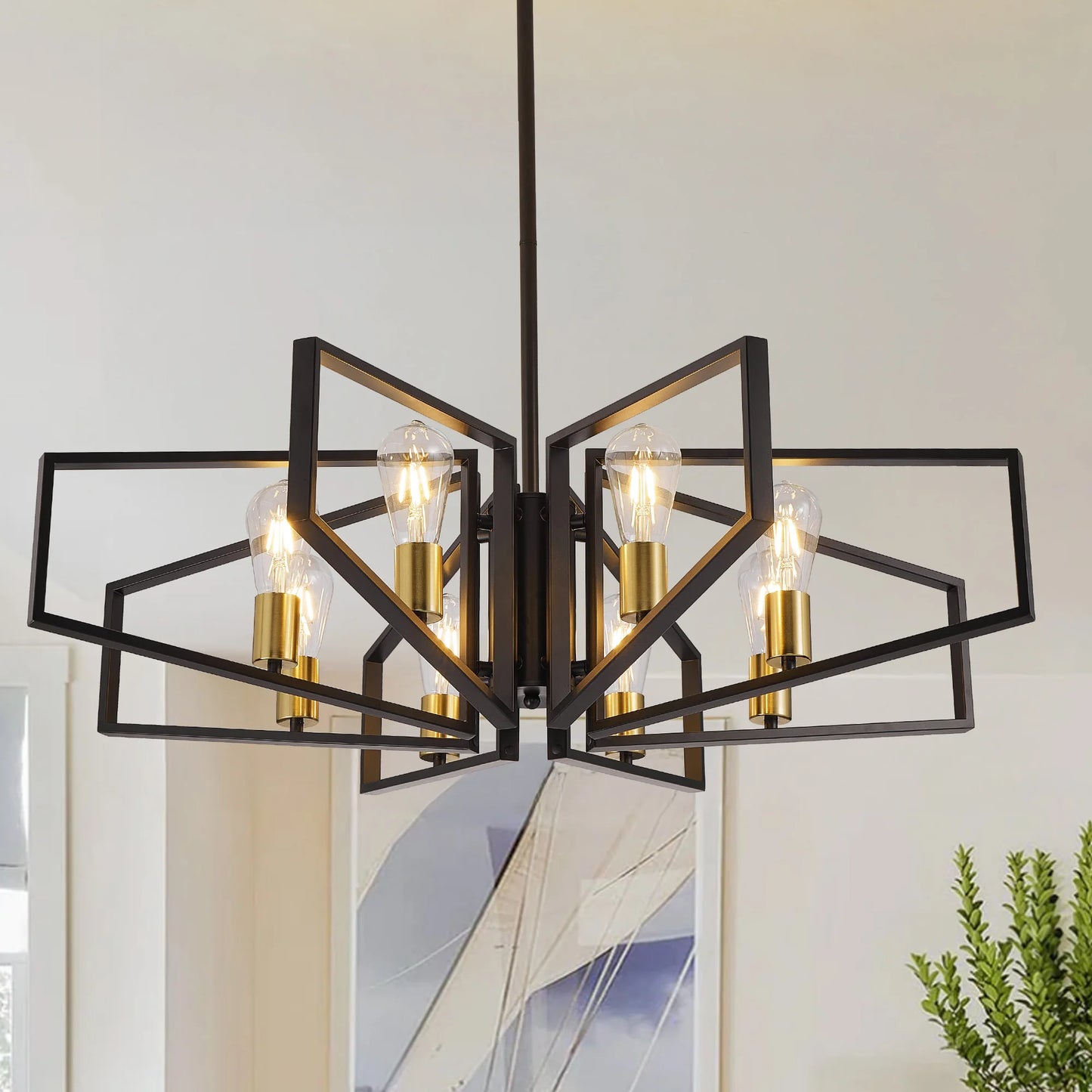 Modern 8-Light Geometric Chandelier With Adjustable Height Pendant