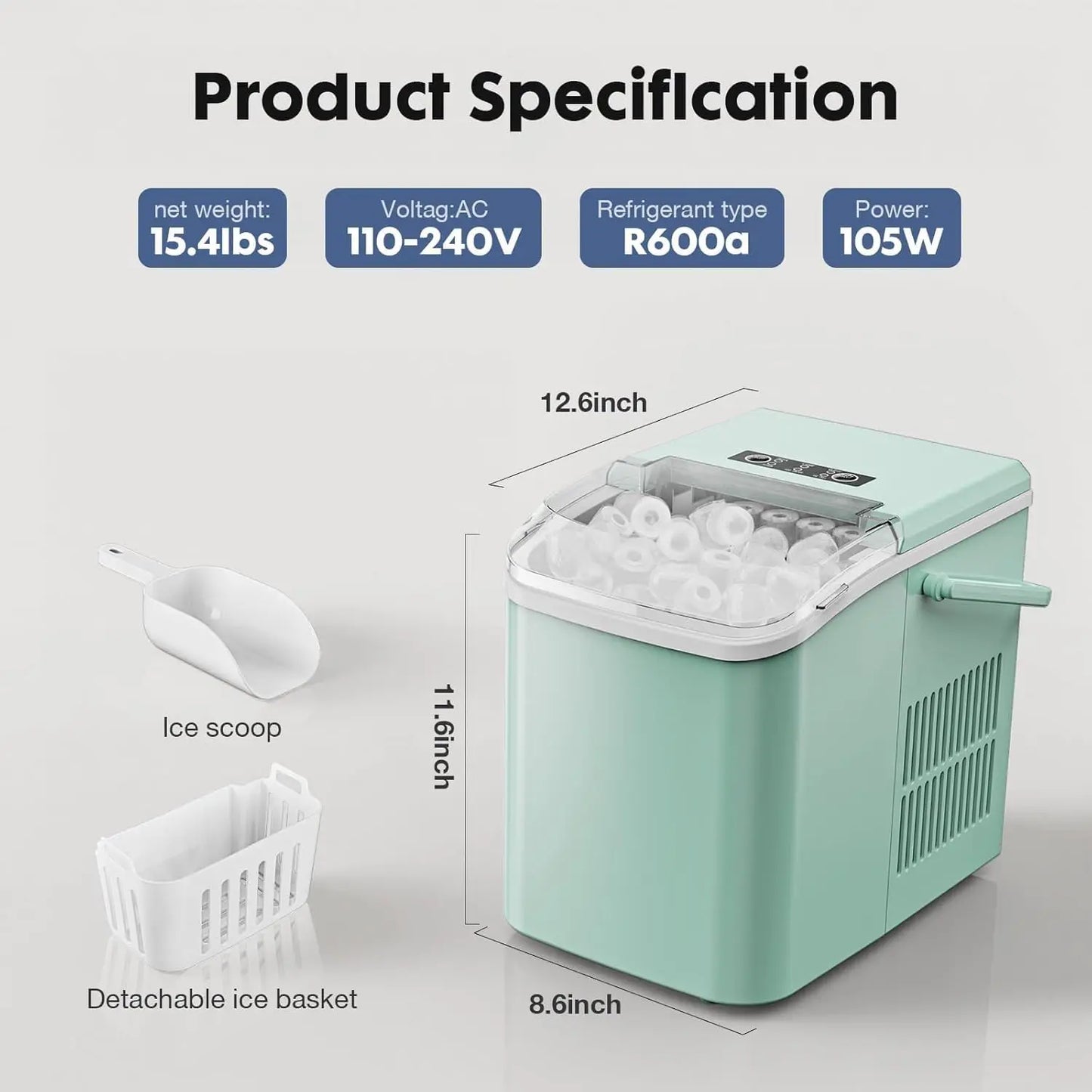 Portable Ice Maker with Scoop, Basket, Handle - 9 Cubes in 6 Mins, 26.5lbs/24Hrs, Green for Home Kitchen Office