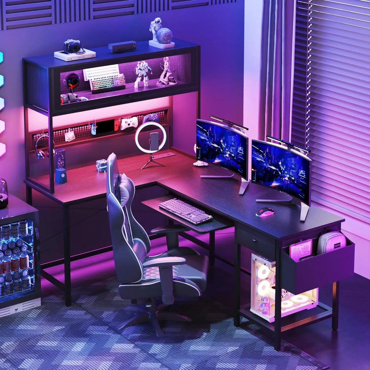 L Shaped Gaming Desk With Power Outlets And LED Lights
