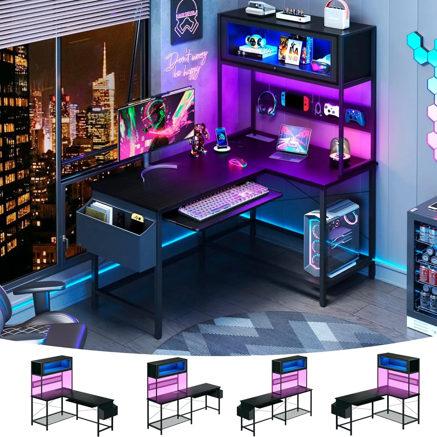 L Shaped Gaming Desk With Power Outlets And LED Lights