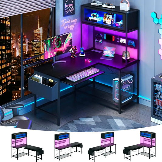 L Shaped Gaming Desk With Power Outlets And LED Lights