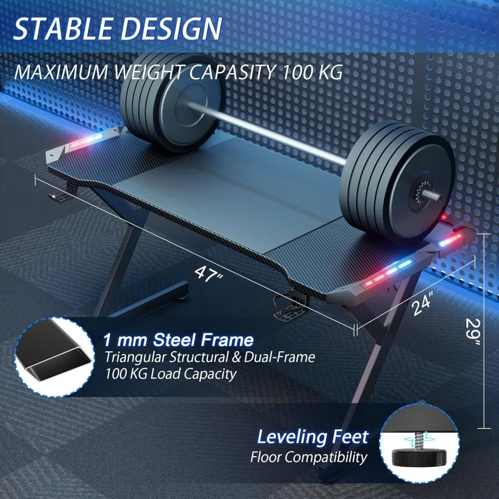 47 Inch Gaming Desk with LED Lights, Ergonomic Computer Table with Carbon Fibre Surface, Sturdy PC Workstation Desk for Home Of