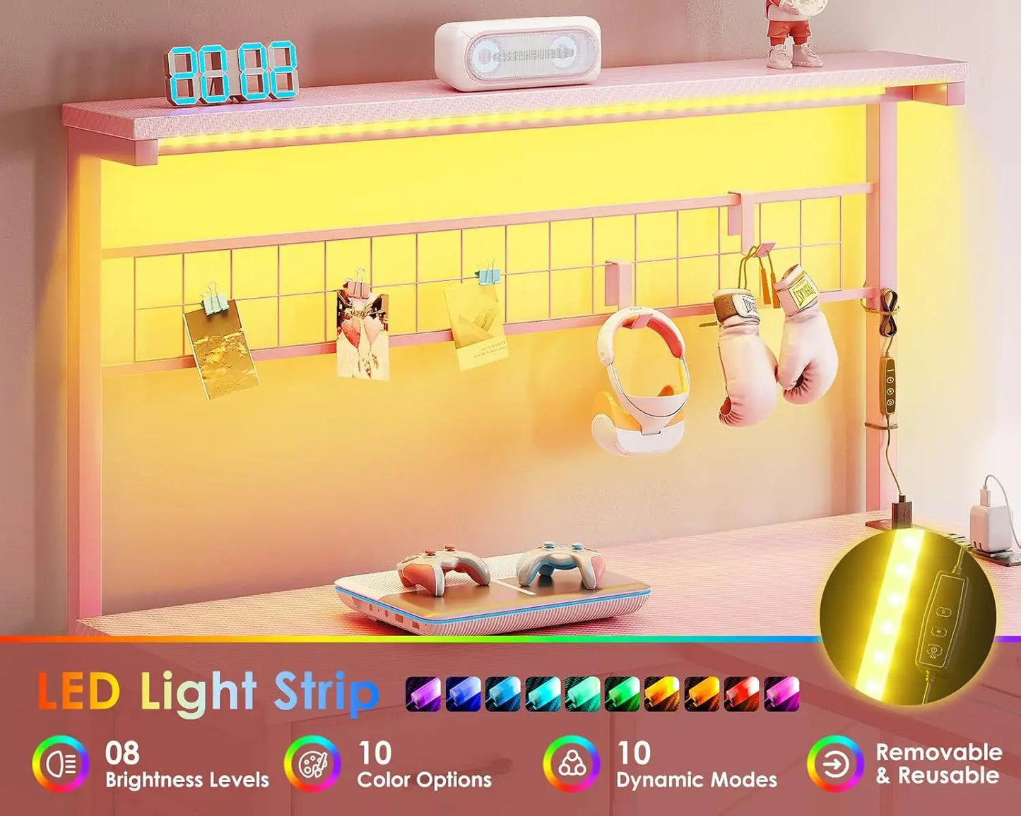 L Shaped Gaming Desk With LED Lights Power Outlet Shelves