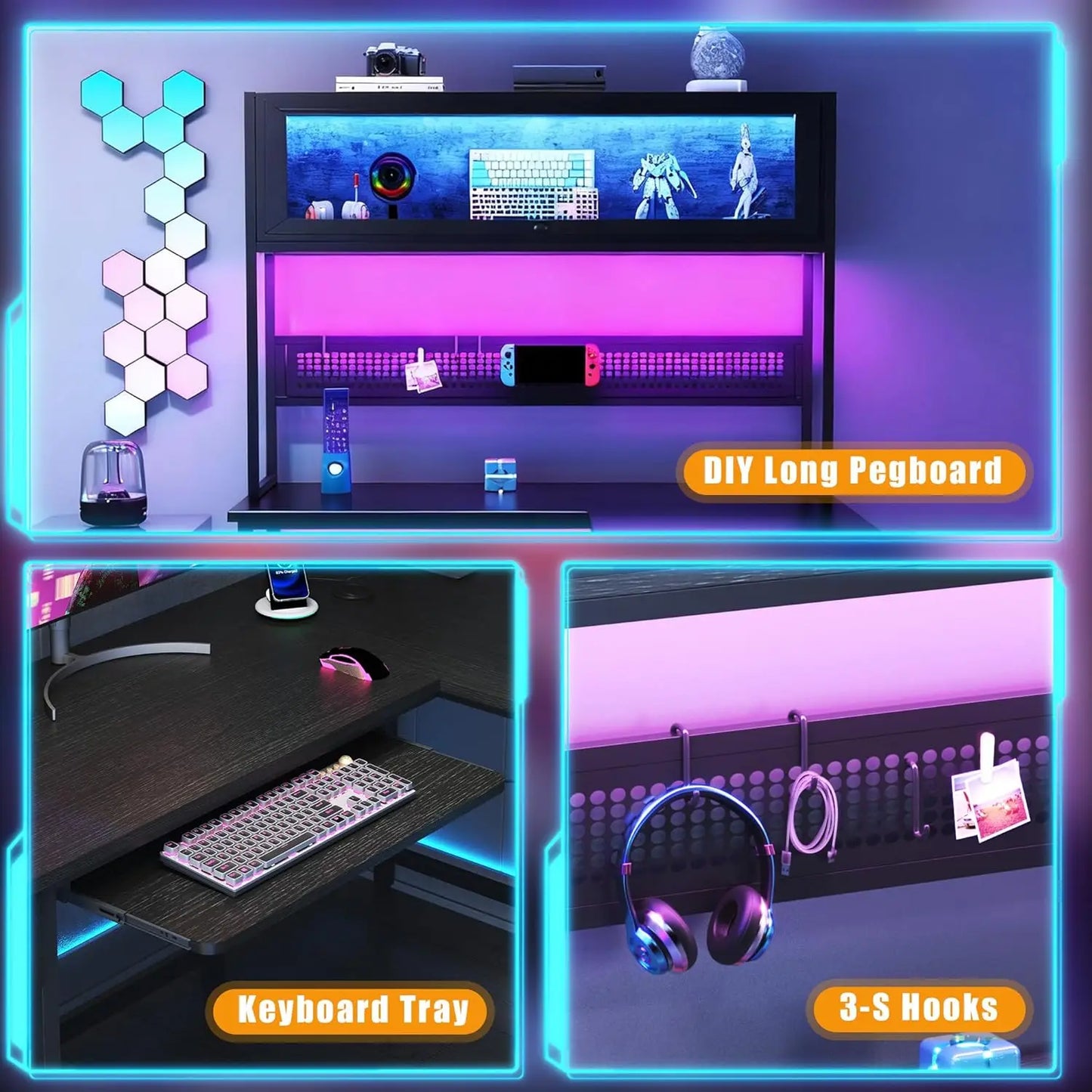 L Shaped Gaming Desk With Power Outlets And LED Lights