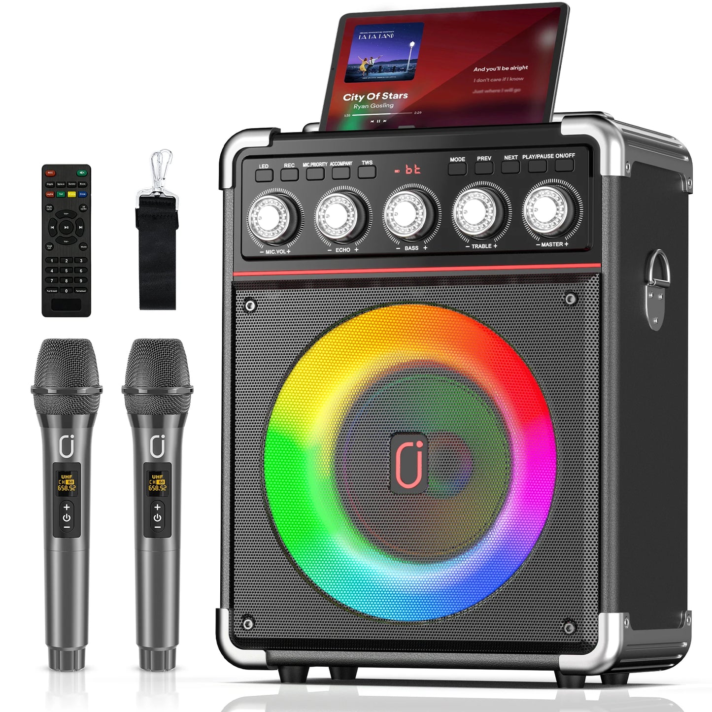 FanFun Karaoke Machine With 2 Wireless Microphones And RGB