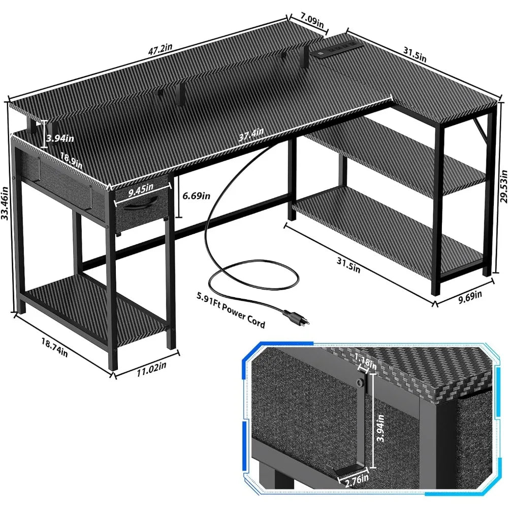YQXH L Shaped Gaming Desk With Power Outlet And LED