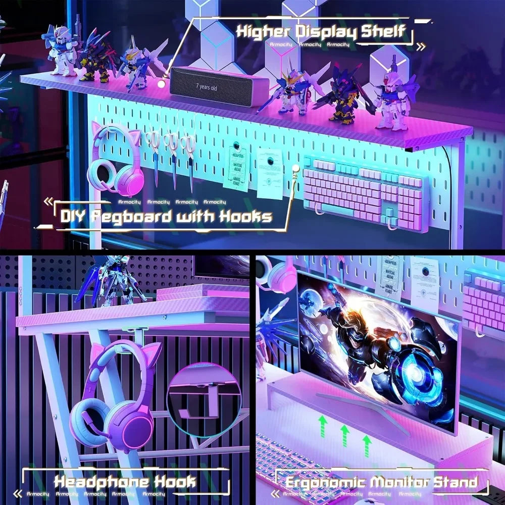 Gaming Computer Desk with Power Outlets, Gaming Desk with Hutch and LED Lights, Reversible PC Gaming Desk with Pegboard, Carbon