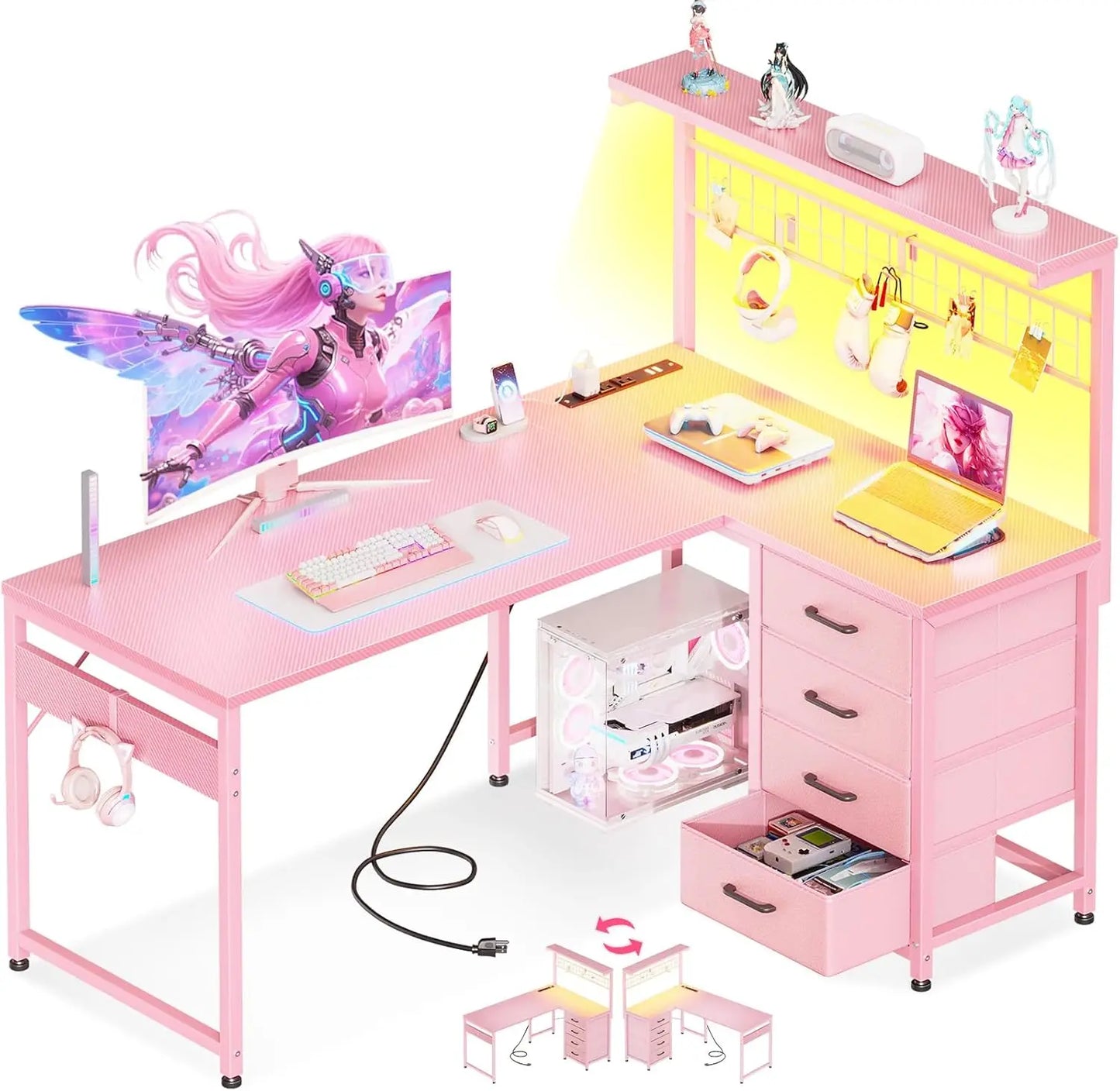 L Shaped Gaming Desk With LED Lights Power Outlet Shelves