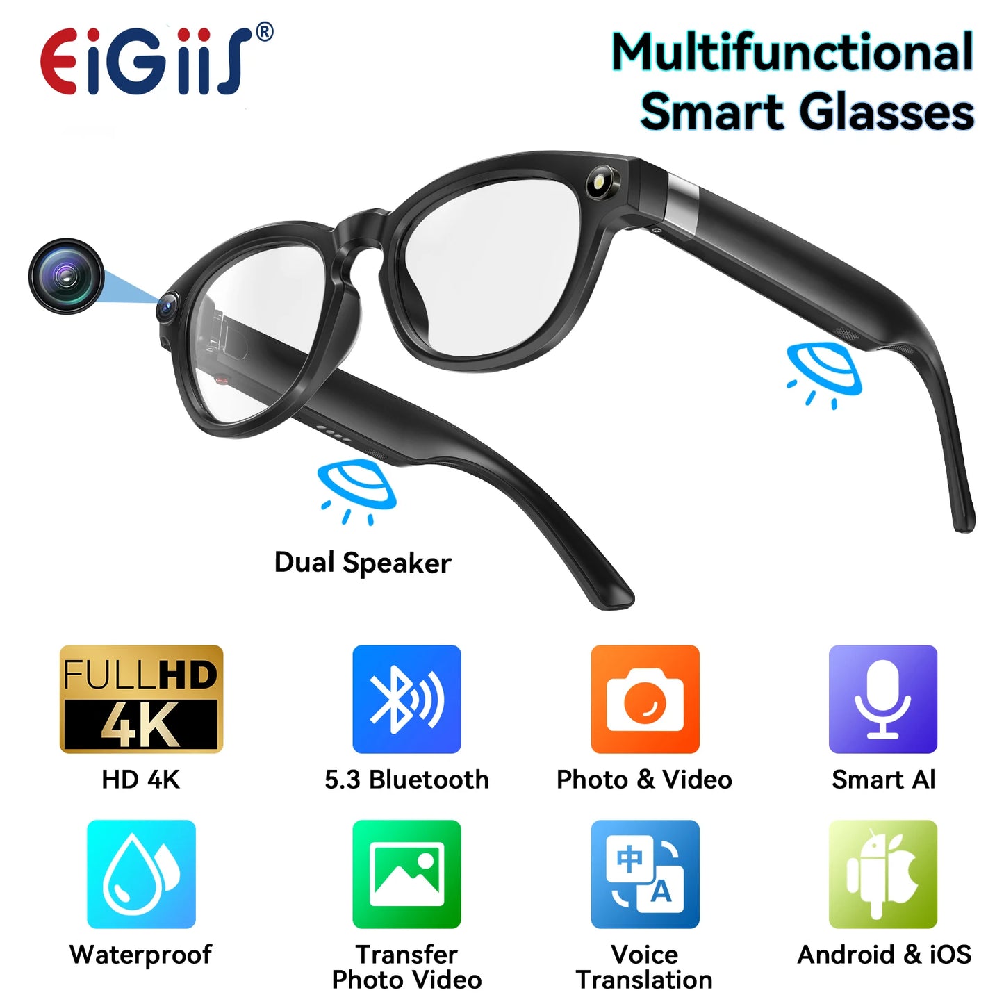 EIGIIS AI Smart Glasses With Bluetooth Calls AI Translation Waterproof