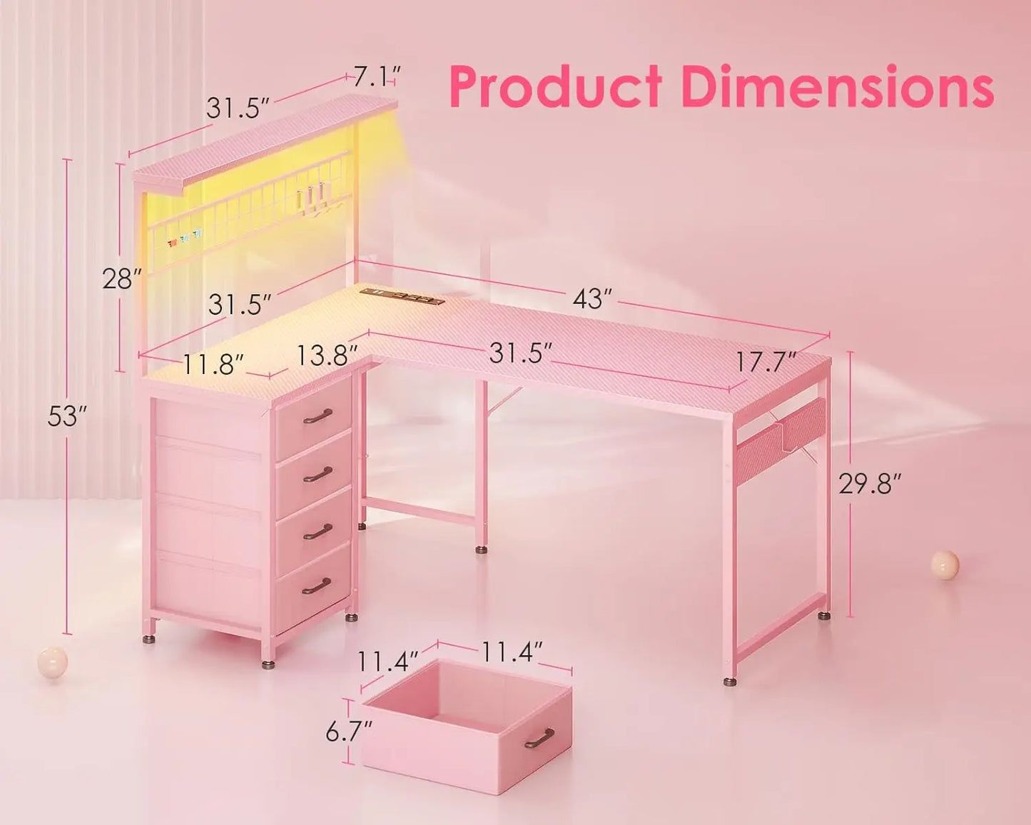 L Shaped Gaming Desk With LED Lights Power Outlet Shelves