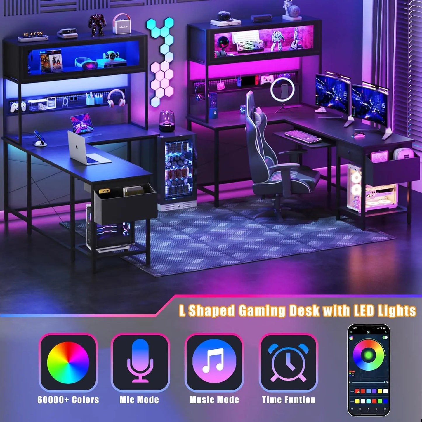L Shaped Gaming Desk With Power Outlets And LED Lights