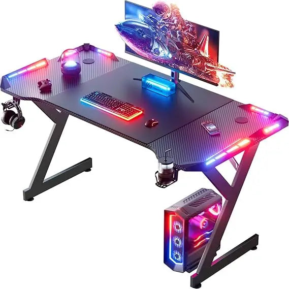 47 Inch Gaming Desk with LED Lights, Ergonomic Computer Table with Carbon Fibre Surface, Sturdy PC Workstation Desk for Home Of