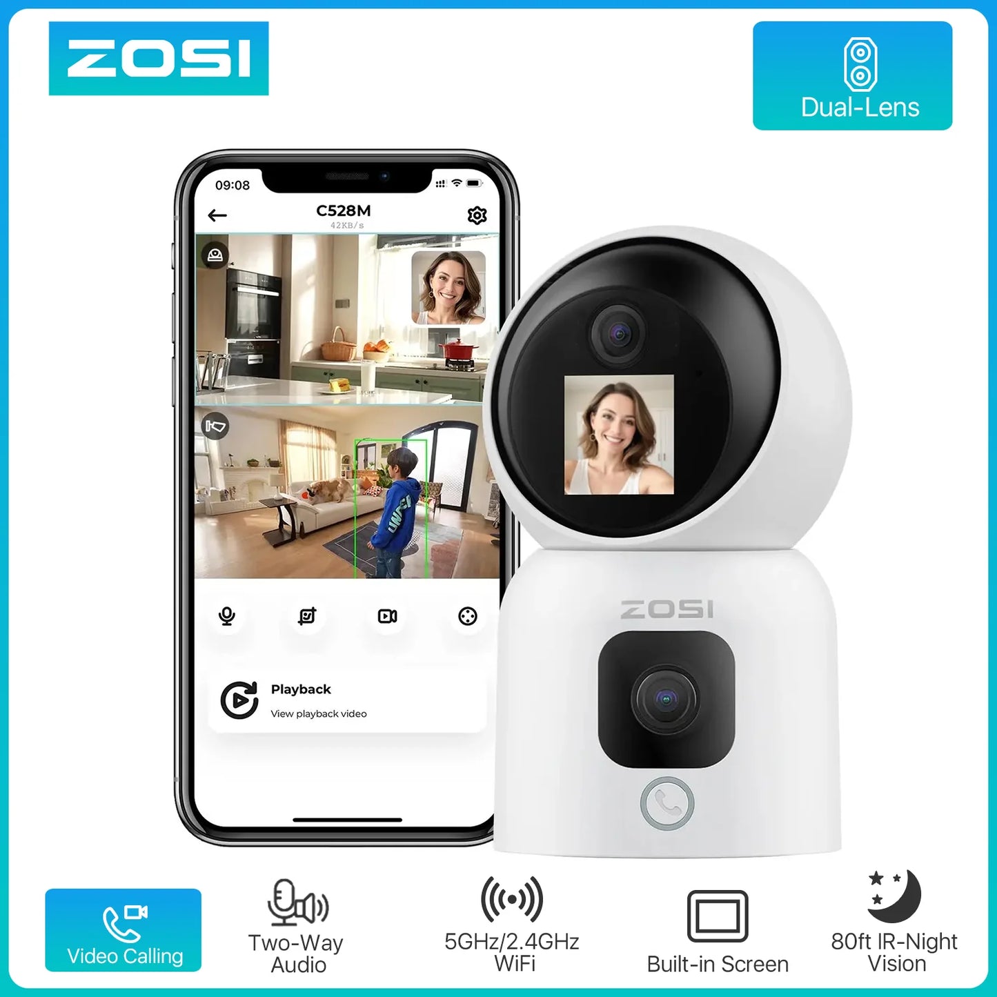 ZOSI C528 Dual Lens Indoor WiFi Security Camera 360 Pan Tilt