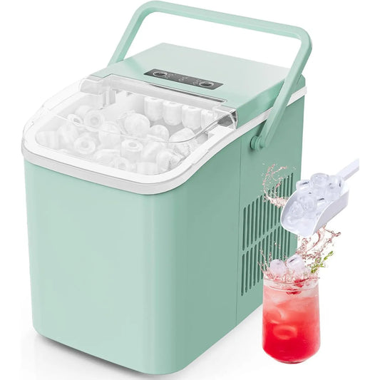 Portable Ice Maker with Scoop, Basket, Handle - 9 Cubes in 6 Mins, 26.5lbs/24Hrs, Green for Home Kitchen Office