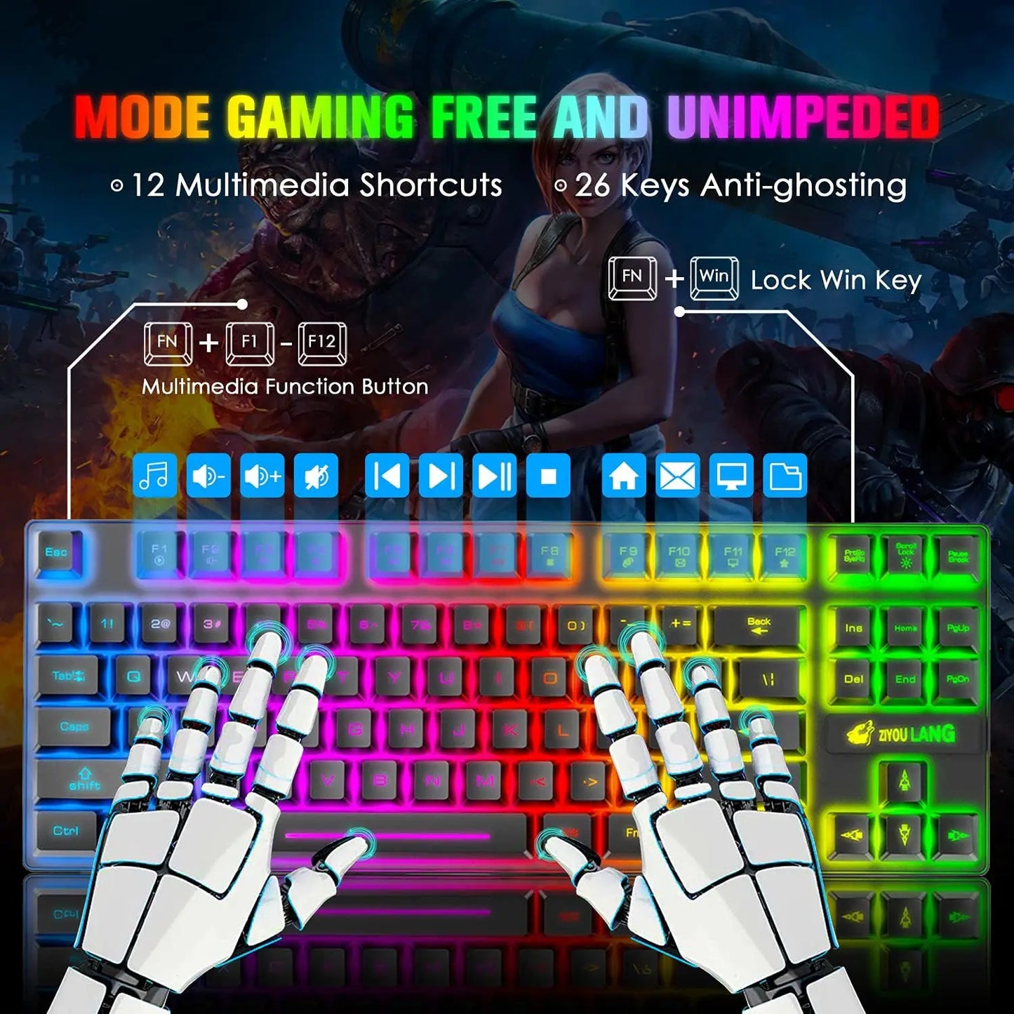 Wireless Gaming Keyboard and Mouse Combo,Rainbow Backlit Rechargeable 3800mAh Battery,87 Keys Mechanical Feel Keyboard
