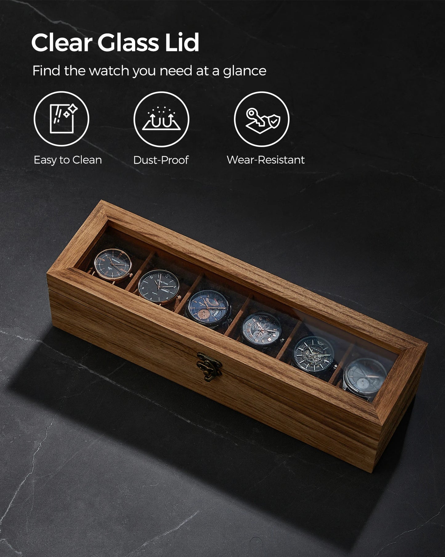 SONGMICS Watch Box, 6-Slot Watch Case, Solid Wood Watch Box Organizer with Glass Lid, Watch Display Case with Removable Pillows