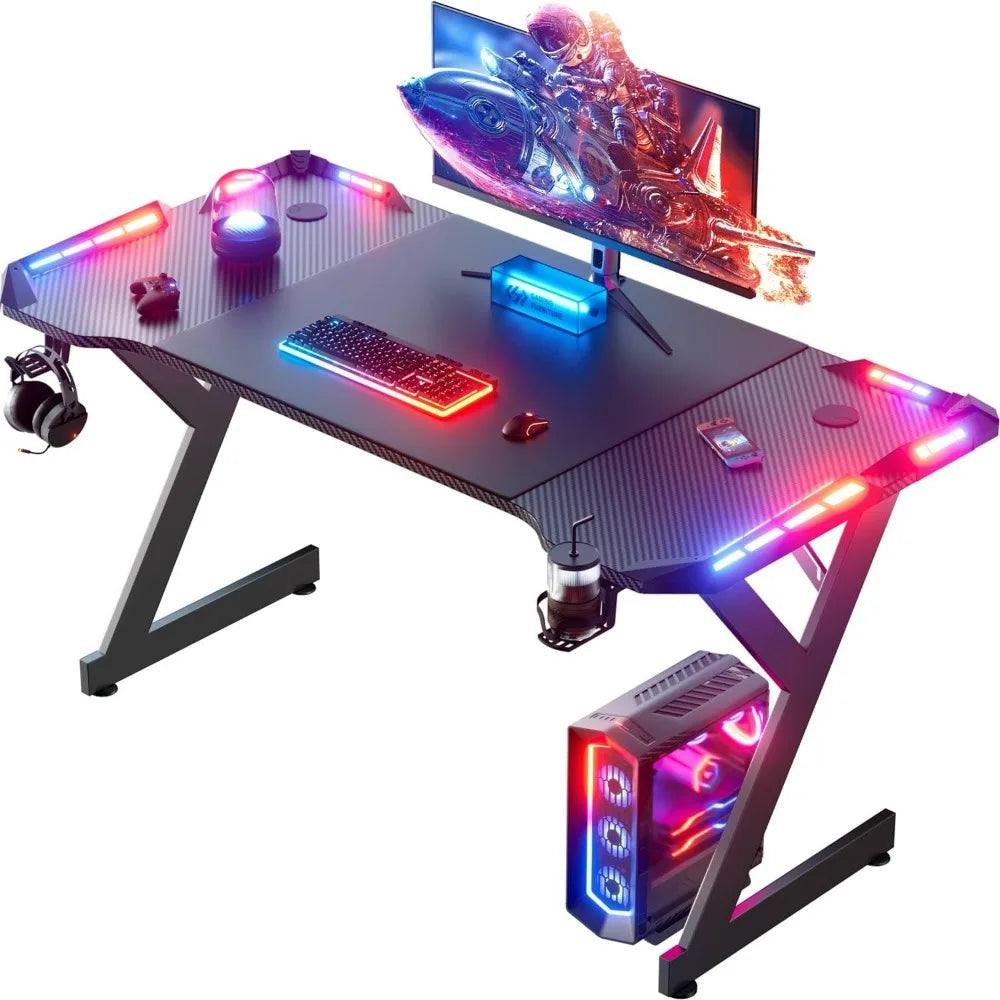 47 Inch Gaming Desk with LED Lights, Ergonomic Computer Table with Carbon Fibre Surface, Sturdy PC Workstation Desk for Home Of