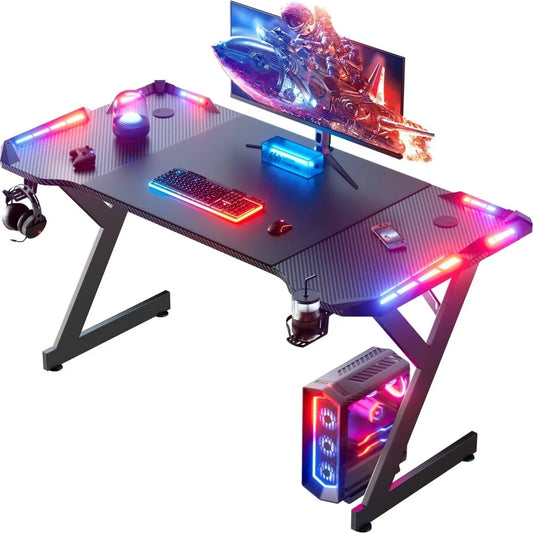 47 Inch Gaming Desk with LED Lights, Ergonomic Computer Table with Carbon Fibre Surface, Sturdy PC Workstation Desk for Home Of