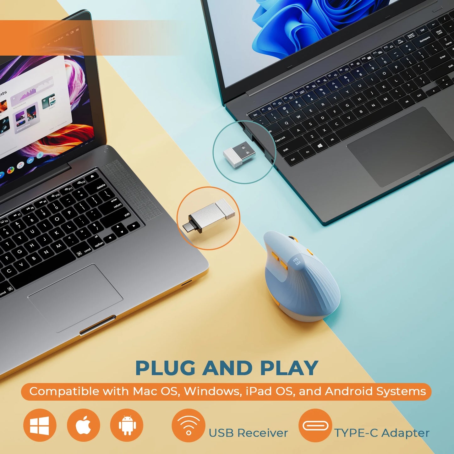 SEENDA Vertical Wireless Mouse Type C Rechargeable Ergonomic USB & Type C Mice for Laptop Laptop PC MacBook Windows Android