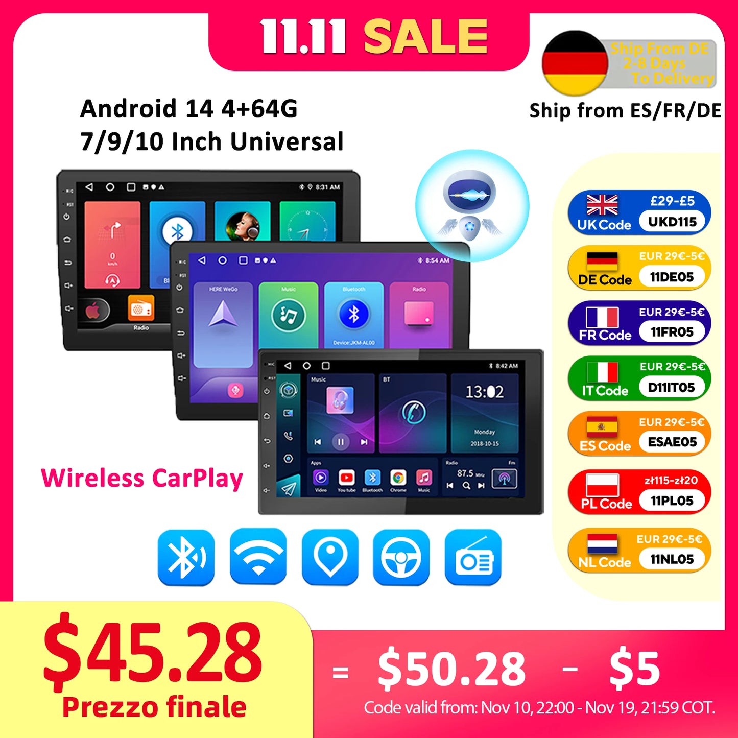 ESSGOO Android Car Radio CarPlay Multimedia Stereo With GPS