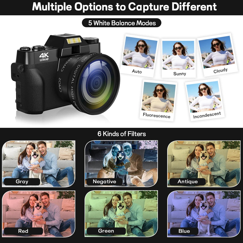 Gavonde 4K WiFi Digital Camera Camcorder Webcam 64MP