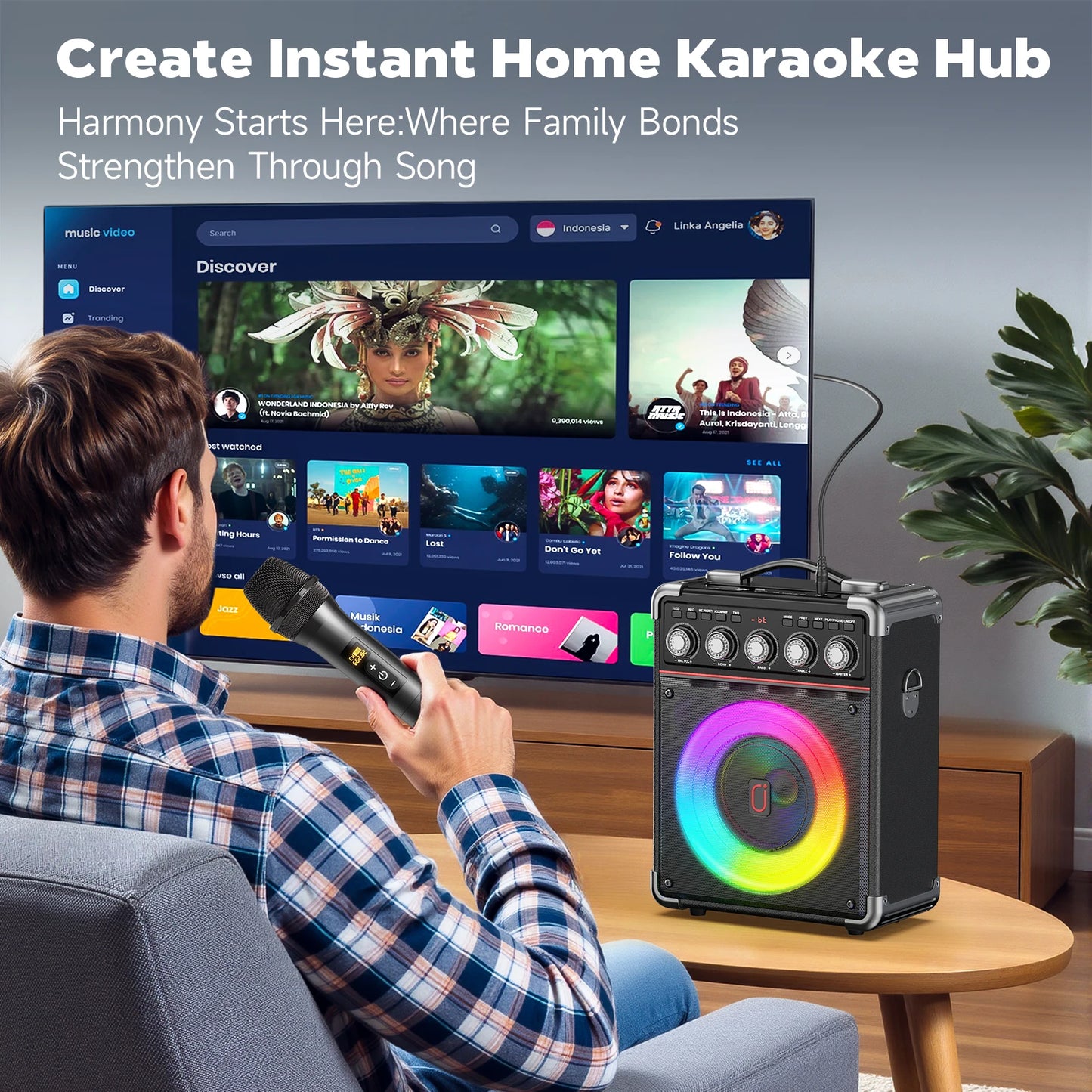 FanFun Karaoke Machine With 2 Wireless Microphones And RGB