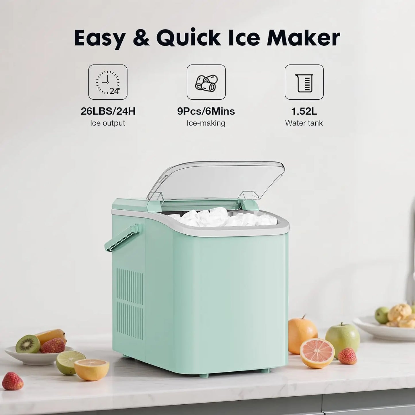 Portable Ice Maker with Scoop, Basket, Handle - 9 Cubes in 6 Mins, 26.5lbs/24Hrs, Green for Home Kitchen Office