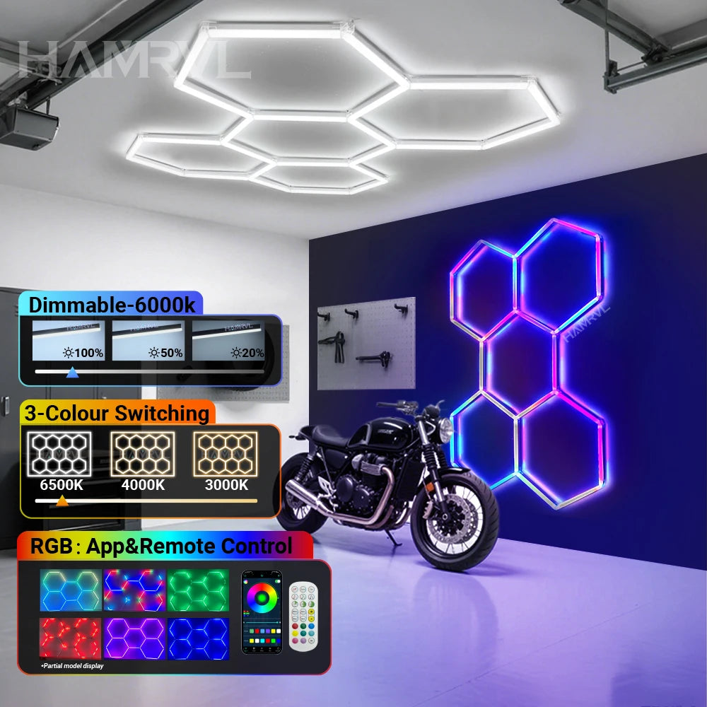 HAMRVL Dimmable Hexagonal Garage Lights For Workshop Ceiling