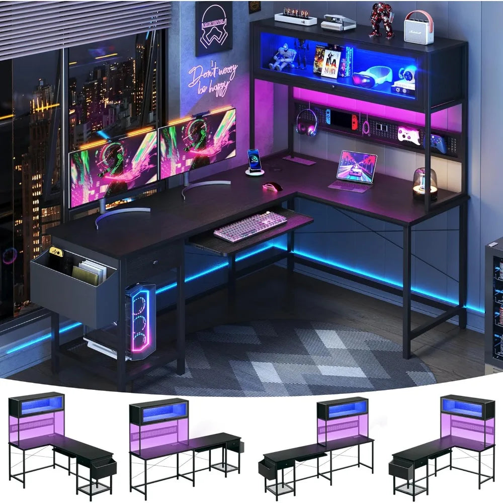 L Shaped Gaming Desk With Power Outlets And LED Lights